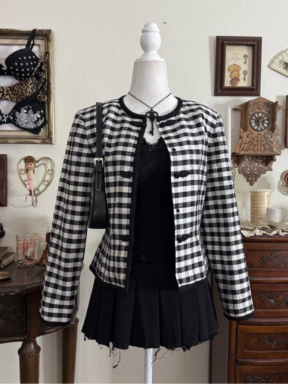 90’s preppy black and white gingham silk jacket